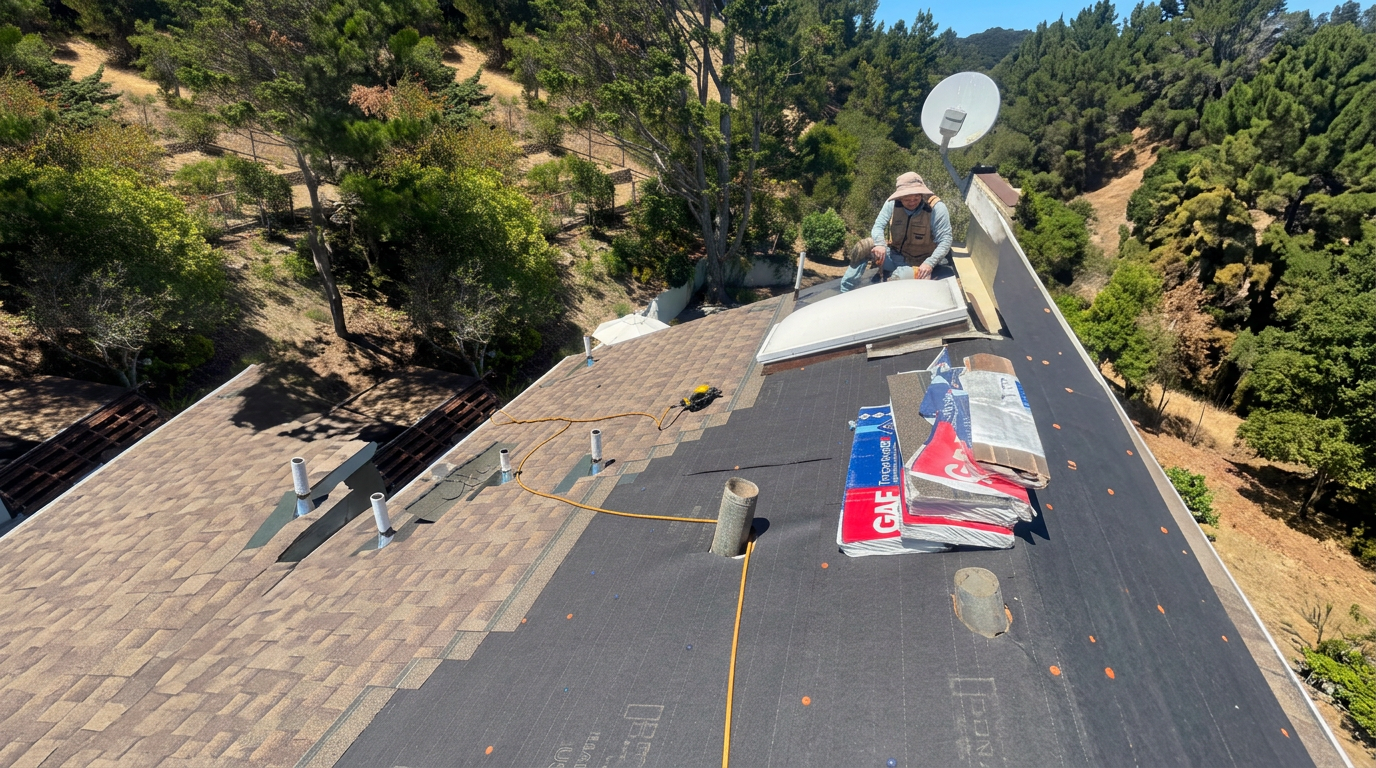 Roofer installing shingles on a San Mateo County home